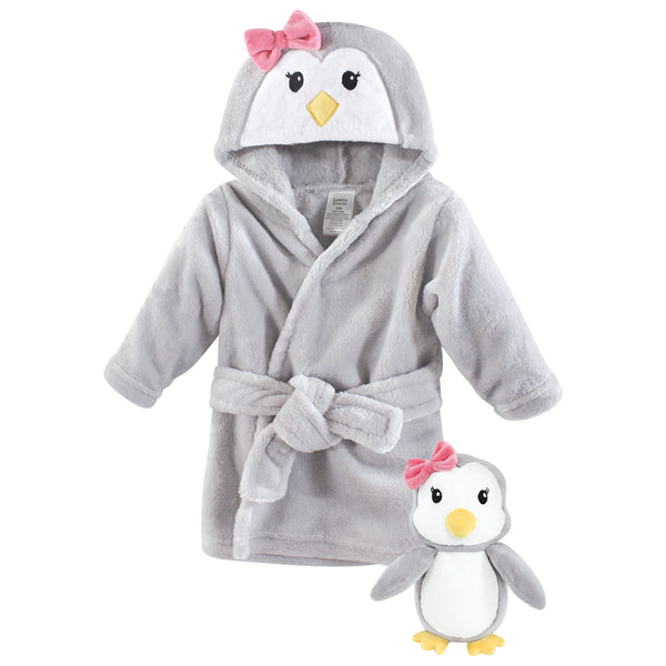 Luvable Friends Infant Girl Plush Bathrobe and Toy Set, Girl Penguin, 0-9 Months