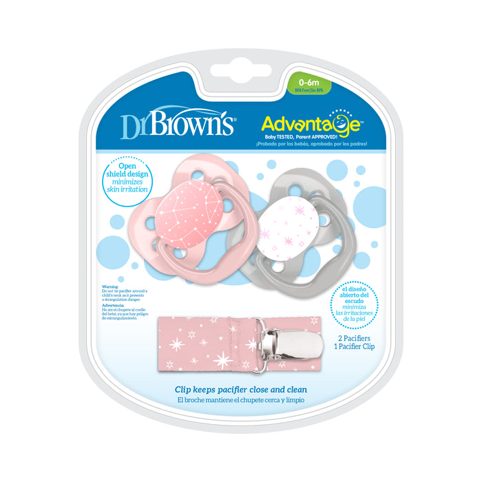 Dr. Brown's Advantage Pacifier with Pacifier Clip, 0-6 Months in Pink