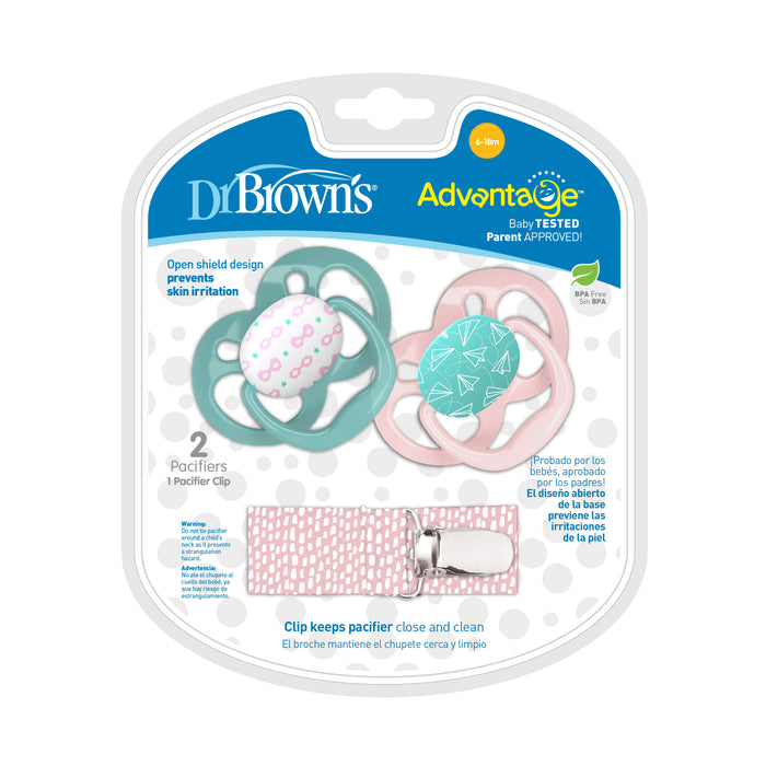 Dr. Brown's Advantage 2-Pack Stage 2 Pacifiers with Clip in Pink