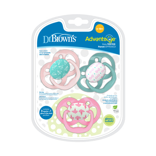 Dr. Brown's Advantage 3-Pack Stage 2 Glow in the Dark Pacifiers in Pink