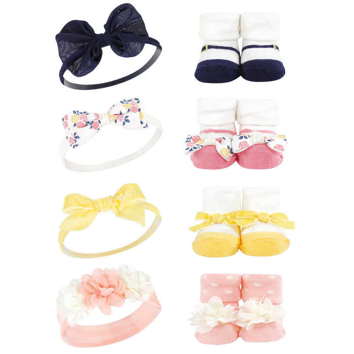Hudson Baby Infant Girl 16 Piece Headband & Socks Set, Pink Yellow Flower Coral Stripe