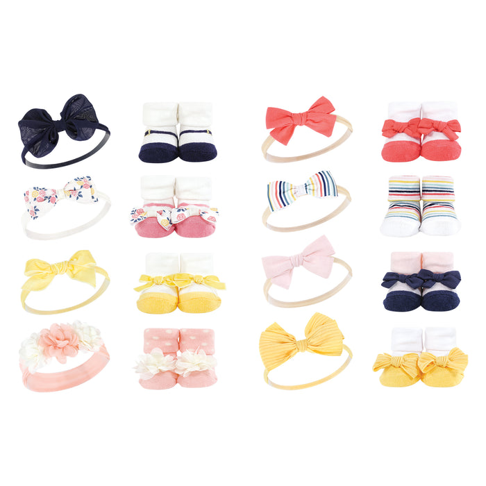 Hudson Baby Infant Girl 16 Piece Headband & Socks Set, Pink Yellow Flower Coral Stripe