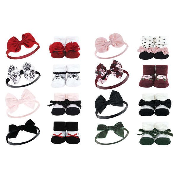 Hudson Baby Infant Girl 16 Piece Headband & Socks Set, Black Toile Burgundy Flora