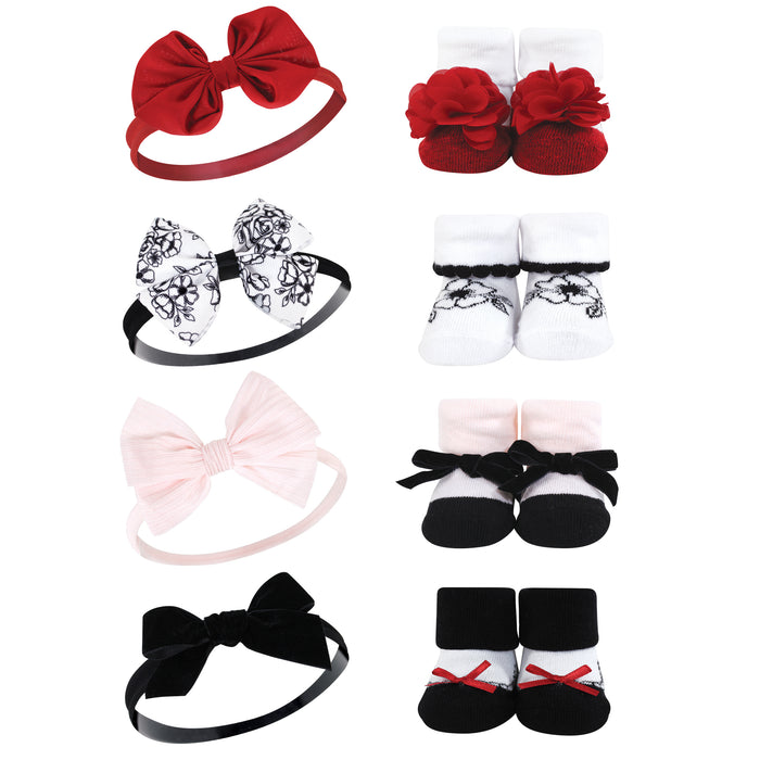 Hudson Baby Infant Girl 16 Piece Headband & Socks Set, Black Toile Burgundy Flora