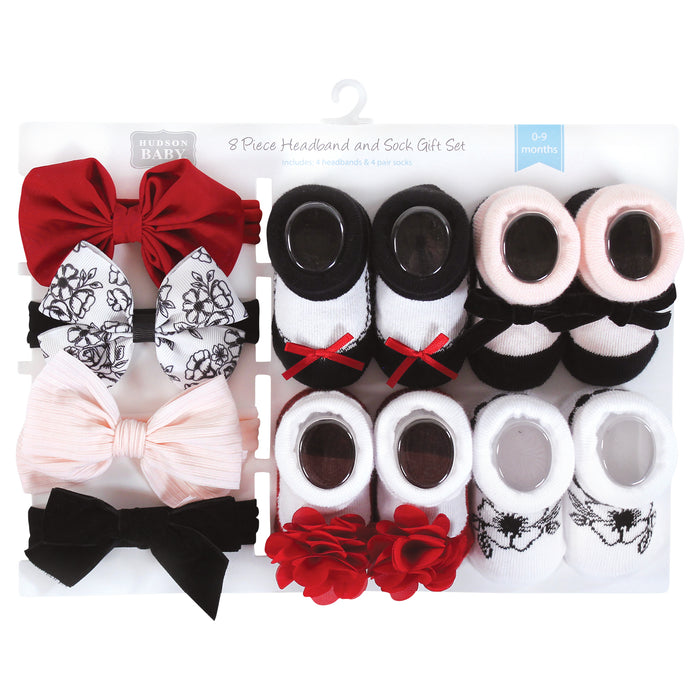 Hudson Baby Infant Girl Headband and Socks Giftset, Black Toile, One Size