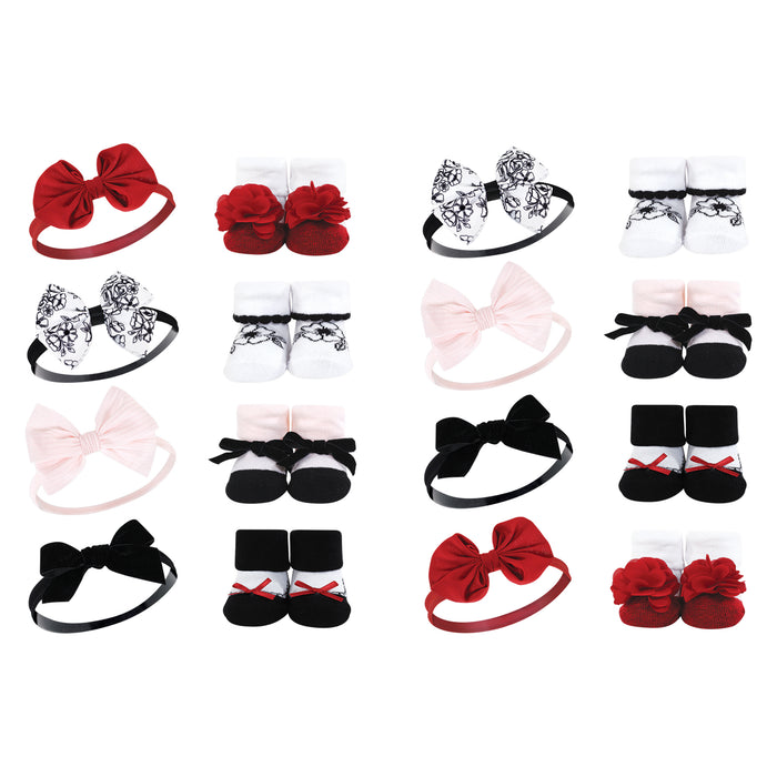 Hudson Baby Infant Girl 16 Piece Headband & Socks Giftset, Black Toile