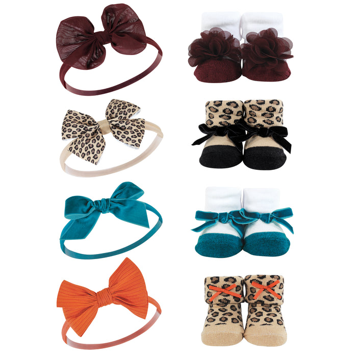 Hudson Baby Infant Girl 16 Piece Headband & Socks Set, Coral Gold Fall Leopard