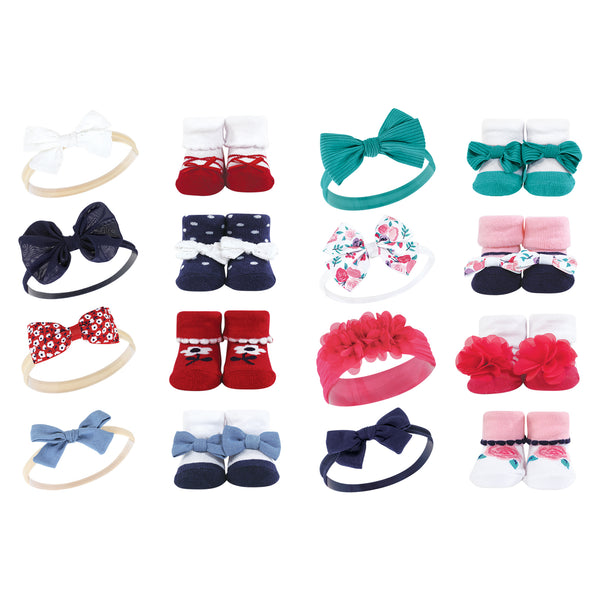 Hudson Baby Infant Girl 16 Piece Headband & Socks Set, Red Navy Flower Bright Pink Floral