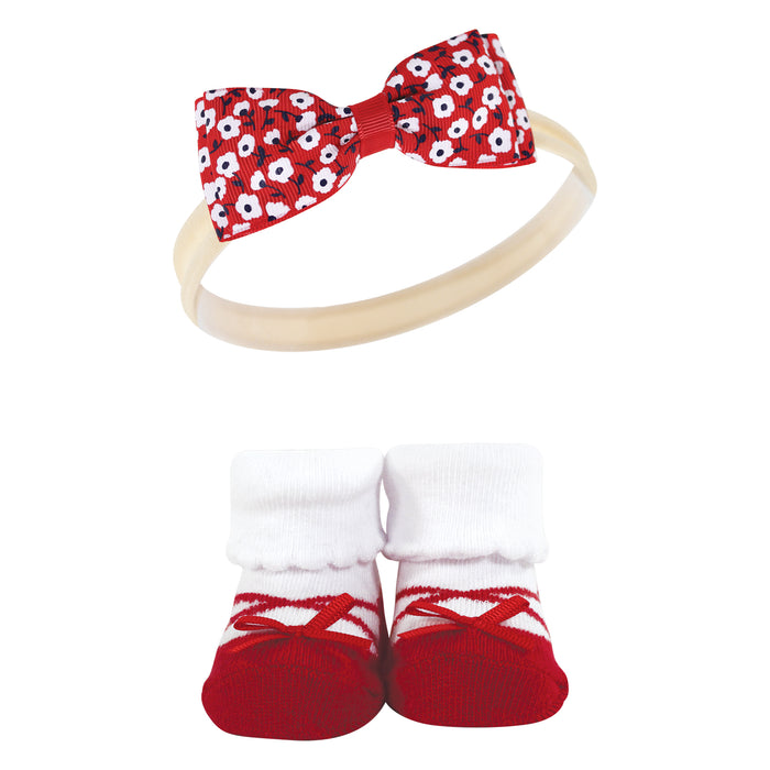 Hudson Baby Infant Girl Headband and Socks Giftset, Red Navy Flower, One Size