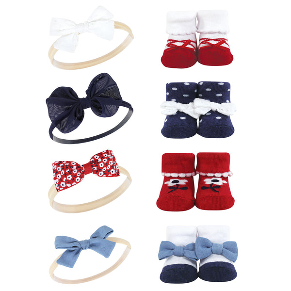 Hudson Baby Infant Girl Headband and Socks Giftset, Red Navy Flower, One Size