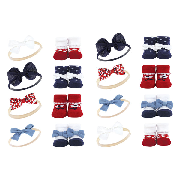 Hudson Baby Infant Girl 16 Piece Headband & Socks Giftset, Red Navy Flower