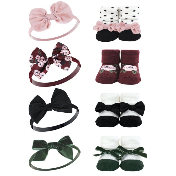 Hudson Baby Infant Girl Headband and Socks Giftset, Burgundy Floral 8-Piece, One Size