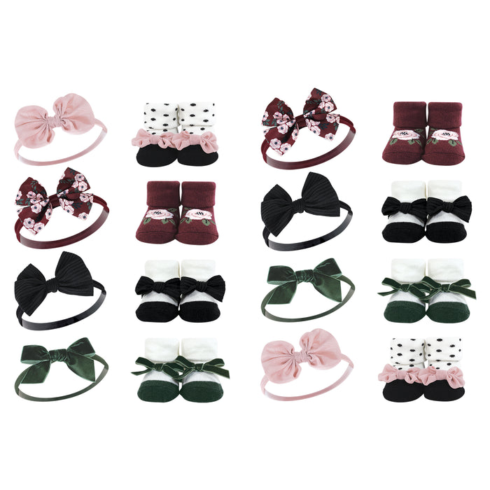 Hudson Baby Infant Girl 16 Piece Headband & Socks Giftset, Burgundy Floral