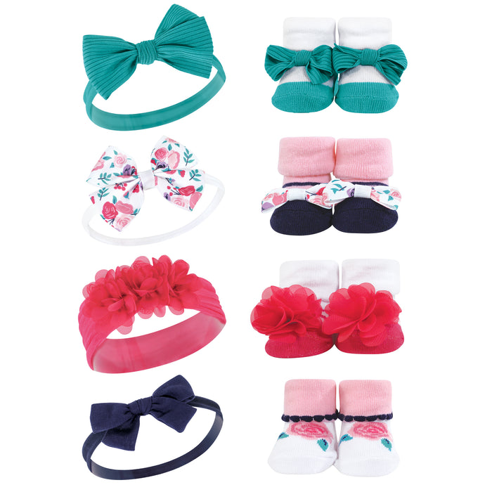Hudson Baby Infant Girl 16 Piece Headband & Socks Set, Red Navy Flower Bright Pink Floral