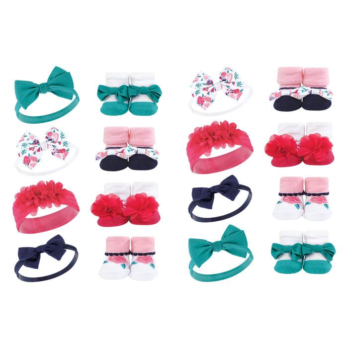 Hudson Baby Infant Girl 16 Piece Headband & Socks Giftset, Bright Pink Floral
