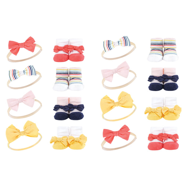 Hudson Baby Infant Girl 16 Piece Headband & Socks Giftset, Coral Stripe