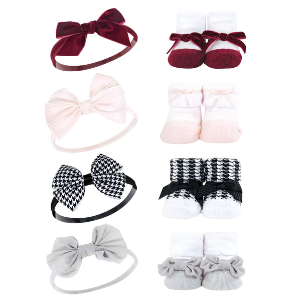 Hudson Baby Infant Girl Headband and Socks Giftset, Houndstooth Burgundy, One Size