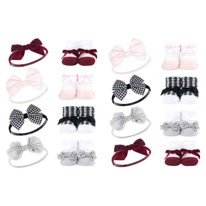 Hudson Baby Infant Girl 16 Piece Headband & Socks Giftset, Houndstooth Burgundy