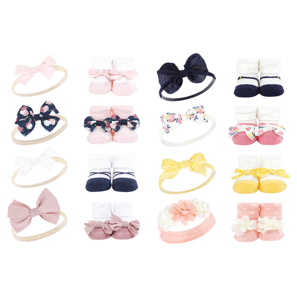 Hudson Baby 16 Piece Headband & Socks Set, Blue Blush Floral Pink Yellow Flower