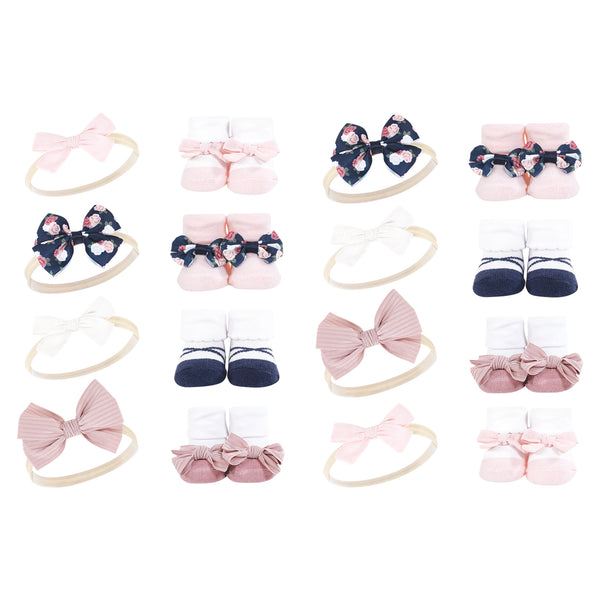 Hudson Baby Infant Girl 16 Piece Headband & Socks Giftset, Blue Blush Floral