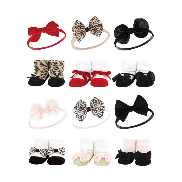 Hudson Baby 12 Piece Headband & Socks Giftset, Red Leopard Light Pink Leopard