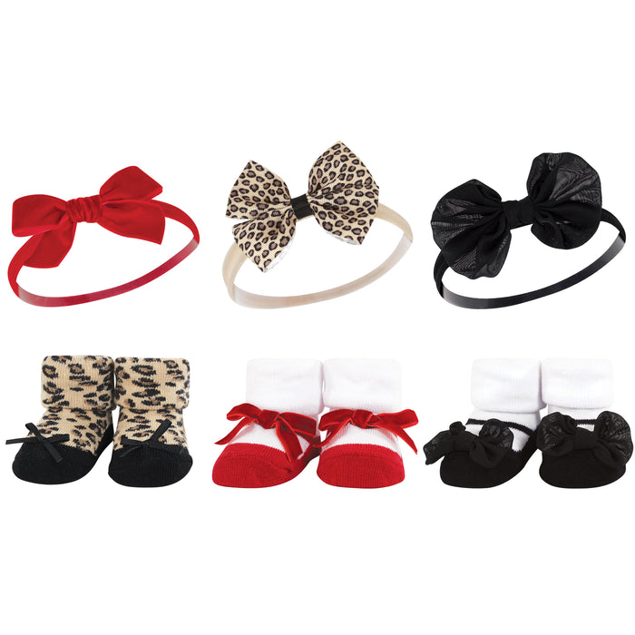 Hudson Baby 12 Piece Headband & Socks Giftset, Red Leopard Light Pink Leopard