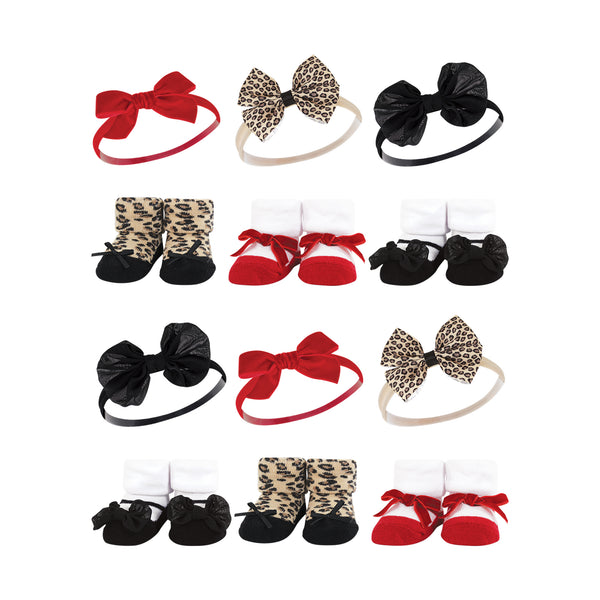 Hudson Baby Infant Girl 12 Piece Headband & Socks Giftset, Red Leopard