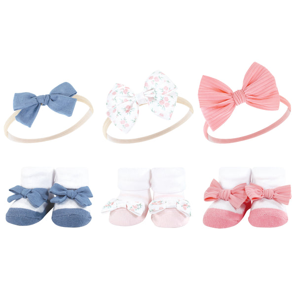 Hudson Baby Infant Girl Headband and Socks Giftset, Pink Floral Chambray, One Size