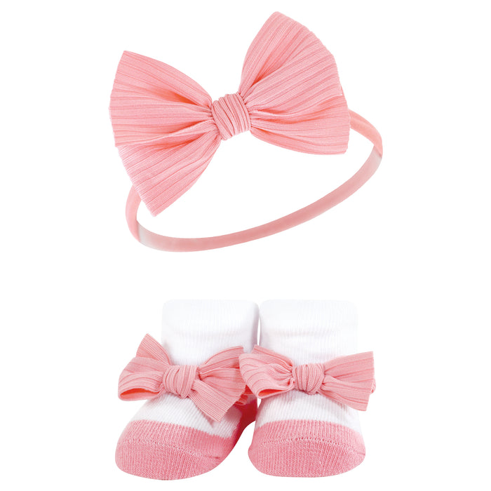 Hudson Baby Infant Girl Headband and Socks Giftset, Pink Floral Chambray, One Size