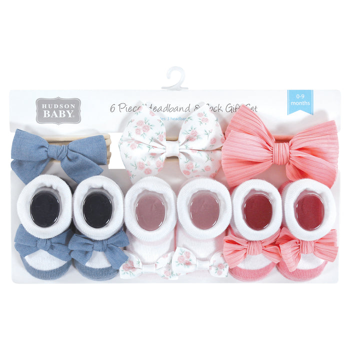 Hudson Baby Infant Girl Headband and Socks Giftset, Pink Floral Chambray, One Size