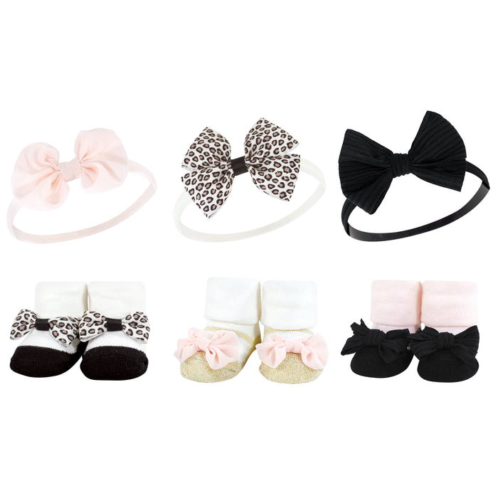 Hudson Baby 12 Piece Headband & Socks Giftset, Red Leopard Light Pink Leopard