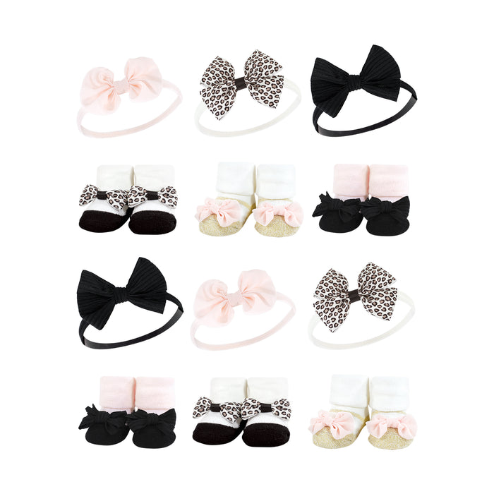 Hudson Baby Infant Girl 12 Piece Headband & Socks Giftset, Light Pink Leopard