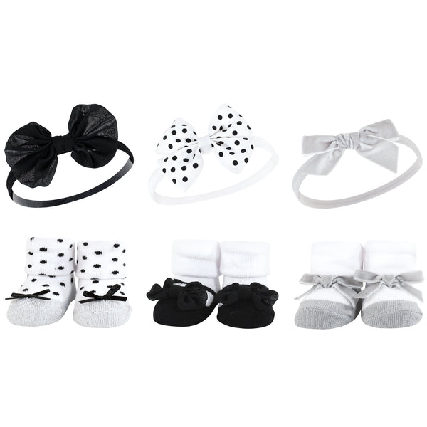 Hudson Baby Infant Girl Headband and Socks Giftset, Black Silver, One Size