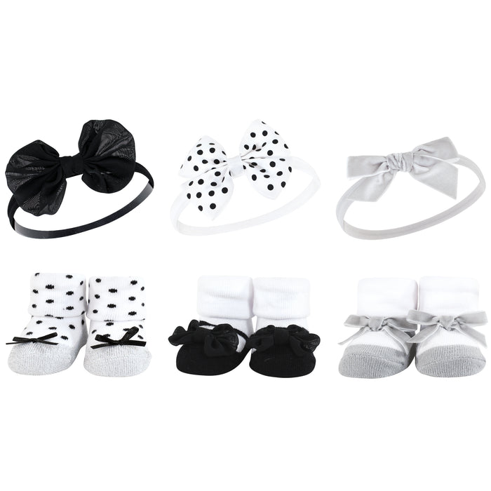 Hudson Baby Infant Girl 12 Piece Headband & Socks Giftset, Black Silver