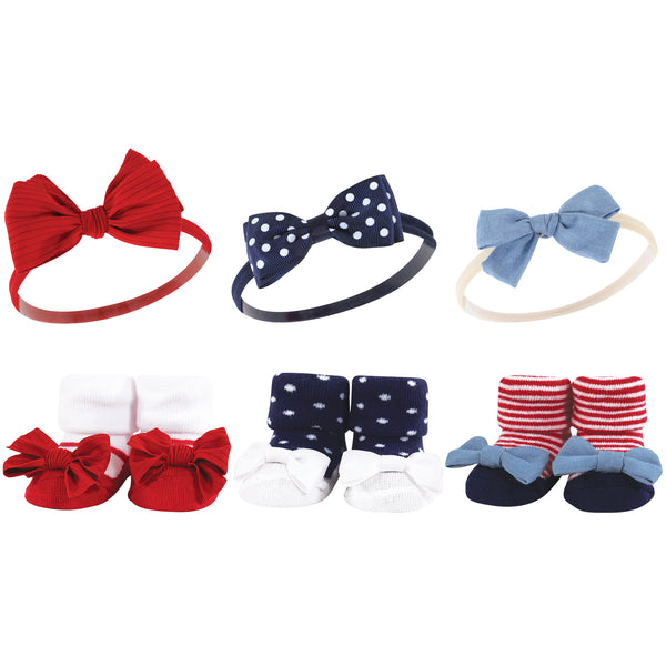 Hudson Baby Infant Girl Headband and Socks Giftset, Red Chambray, One Size