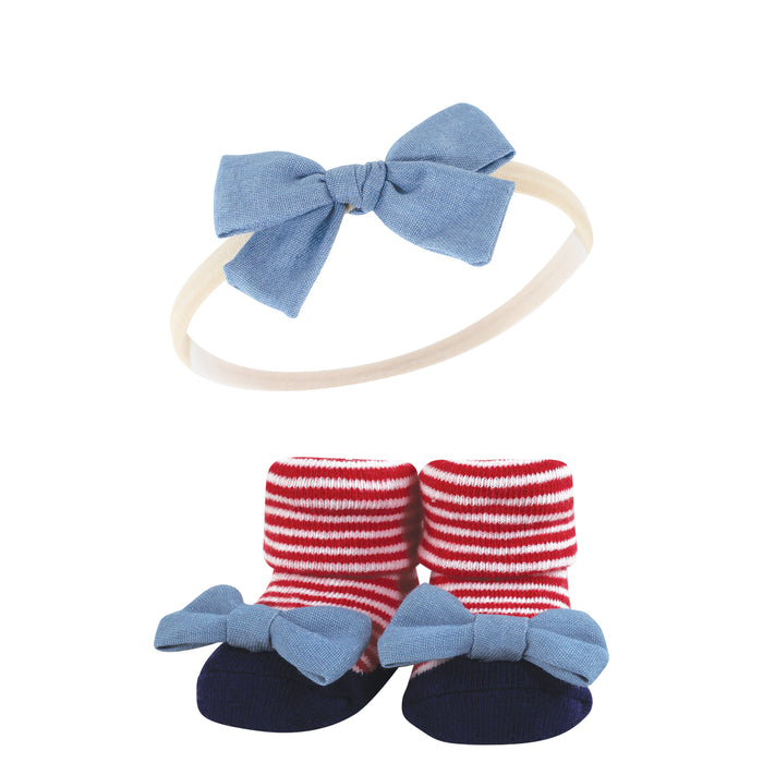 Hudson Baby Infant Girl Headband and Socks Giftset, Red Chambray, One Size