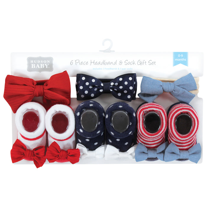Hudson Baby Infant Girl Headband and Socks Giftset, Red Chambray, One Size