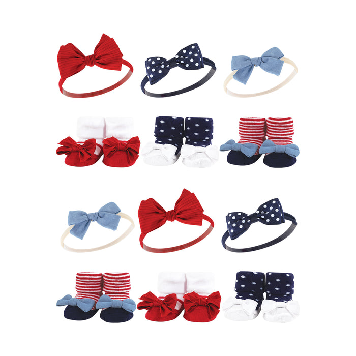 Hudson Baby Infant Girl 12 Piece Headband & Socks Giftset, Red Chambray