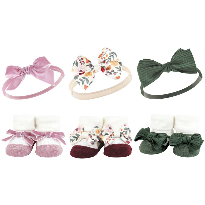 Hudson Baby 12 Piece Headband and Socks Giftset, Purple Green Fall Botanical, One Size