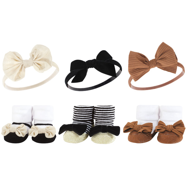 Hudson Baby Infant Girl Headband and Socks Giftset, Black Stripe Neutrals, One Size