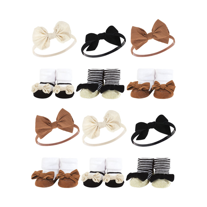 Hudson Baby Infant Girl 12 Piece Headband & Socks Giftset, Black Stripe Neutrals