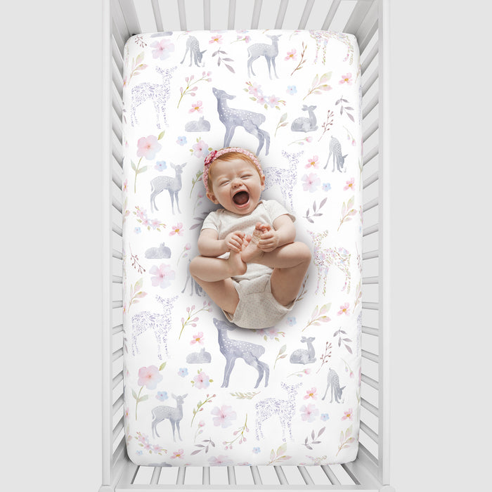 NoJo Super Soft Floral Deer Nursery Crib Fitted Sheet