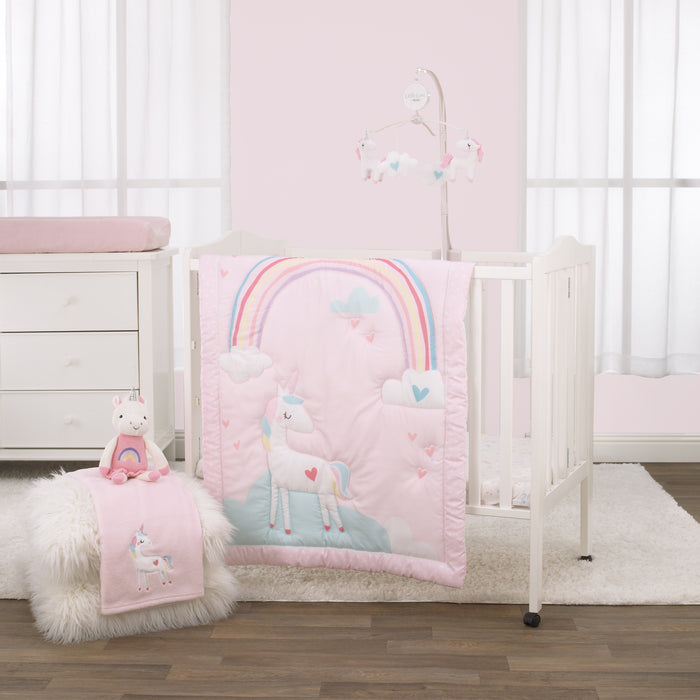 Little Love by NoJo Rainbow Unicorn 3 Piece Mini Crib Bedding Set