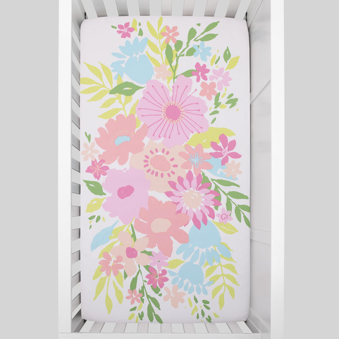 NoJo Floral Burst Pink, Blue, Green and White Flower 100% Cotton Photo Op Fitted Crib Sheet