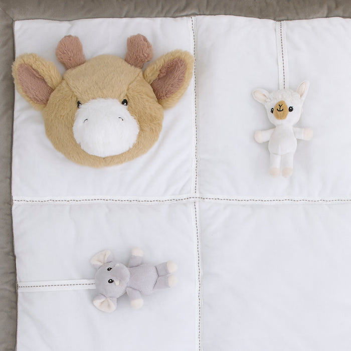 NoJo Playful Pals White, Tan, and Gray Four 3D Animals With Crinkle Plush Tummy Time Play Mat - Sloth, Llama, Elephant, and Giraffe