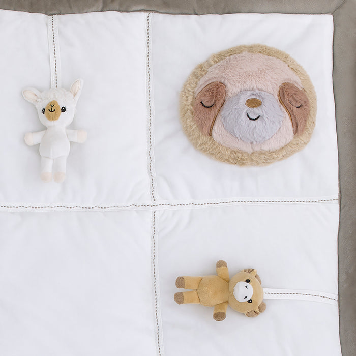 NoJo Playful Pals White, Tan, and Gray Four 3D Animals With Crinkle Plush Tummy Time Play Mat - Sloth, Llama, Elephant, and Giraffe