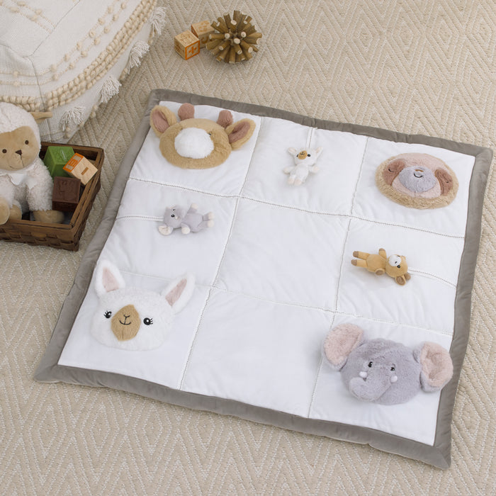 NoJo Playful Pals White, Tan, and Gray Four 3D Animals With Crinkle Plush Tummy Time Play Mat - Sloth, Llama, Elephant, and Giraffe