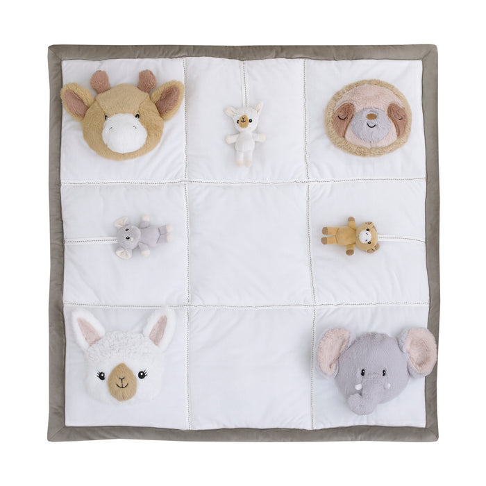 NoJo Playful Pals White, Tan, and Gray Four 3D Animals With Crinkle Plush Tummy Time Play Mat - Sloth, Llama, Elephant, and Giraffe