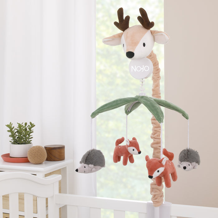 NoJo Plush Deer Green, Gray, and Tan Foxes and Hedgehogs Musical Mobile