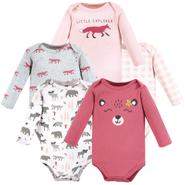 Hudson Baby Girl Cotton Long-Sleeve Bodysuits, Woodland Animals, 5-Pack